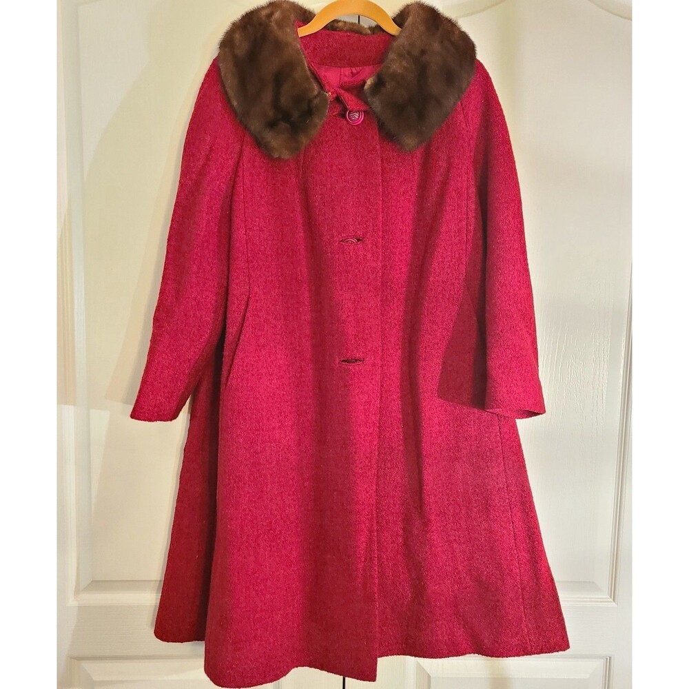 Vintage 50s Shagmoor Red/Burgundy Long Mink Fur Collar Coat Dress Jacket Women